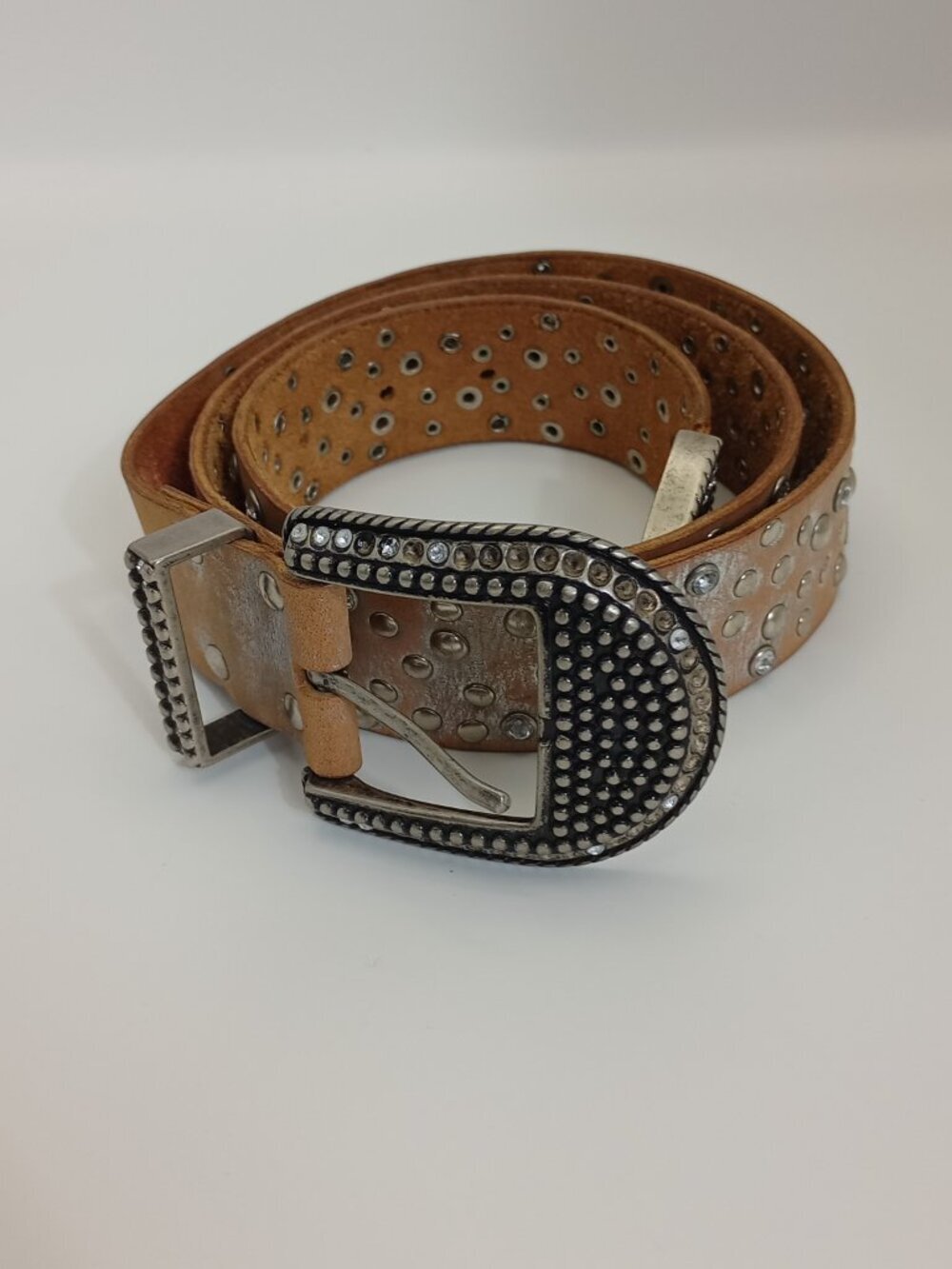 Y2K Arizona Jean Co Studded Leather Belt Silver Rhinestone Western Cyber Boho 37